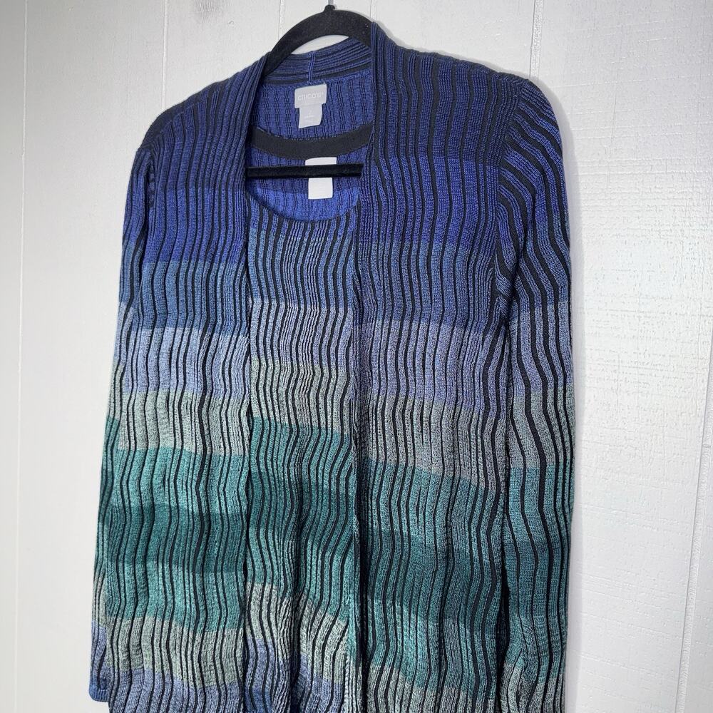 Chico’s Women’s 2 Piece Cardigan Tank Top Set Striped Green Blue Size 2, Large - Picture 3 of 6
